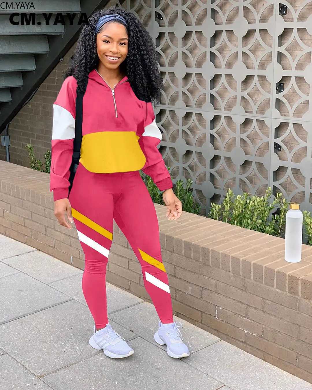 Women's Two Piece Pants CM.YAYA casual splicing womens two-piece set hooded sweatshirt and leg pants set 2023 fashionable active track suit Y2410