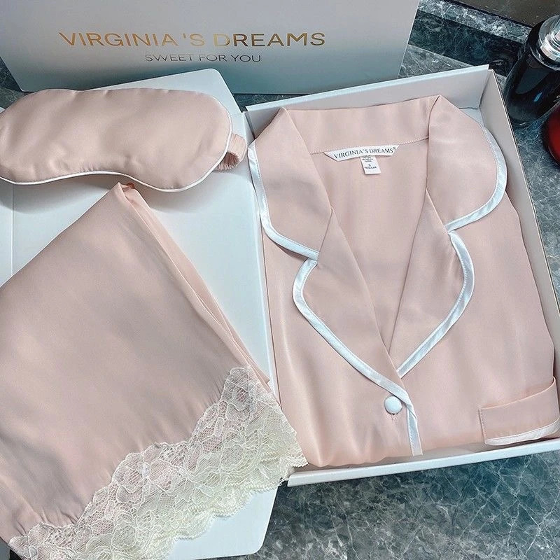 Spring and summer silk soft sleepwear set for women lace lapel cardigan set for women 2-piece set sweet pink womens sleepwear 241009