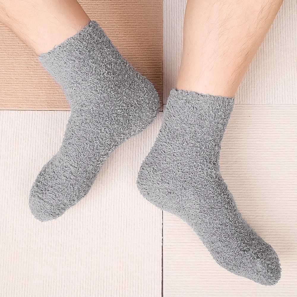 Wen Winter Warm Thicken Socks Fashion Coral Fleece Fluffy Solid Color Loose Sleep Male Bed Short Socks Calcetines Good QualityXJ241019
