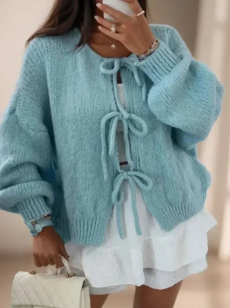 Korean Crewneck lace knitted cardigan autumn winter solid color commuting womens cardigan 241018