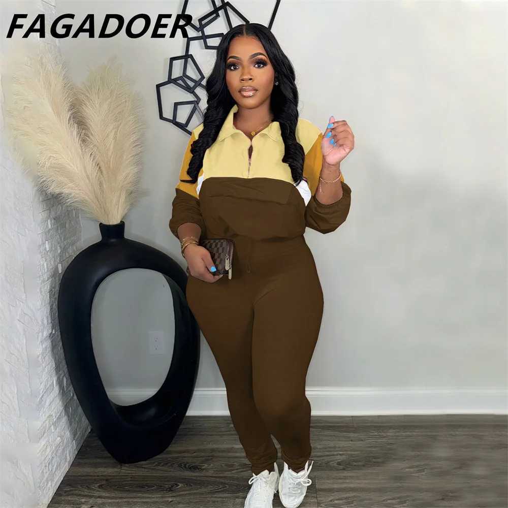 Women's Two Piece Pants FAGADOER Color Block 2-piece Womens Long Sleve Zipper Sweatshirt and Leg Set Jogging Short Clothes Autumn New Collection 