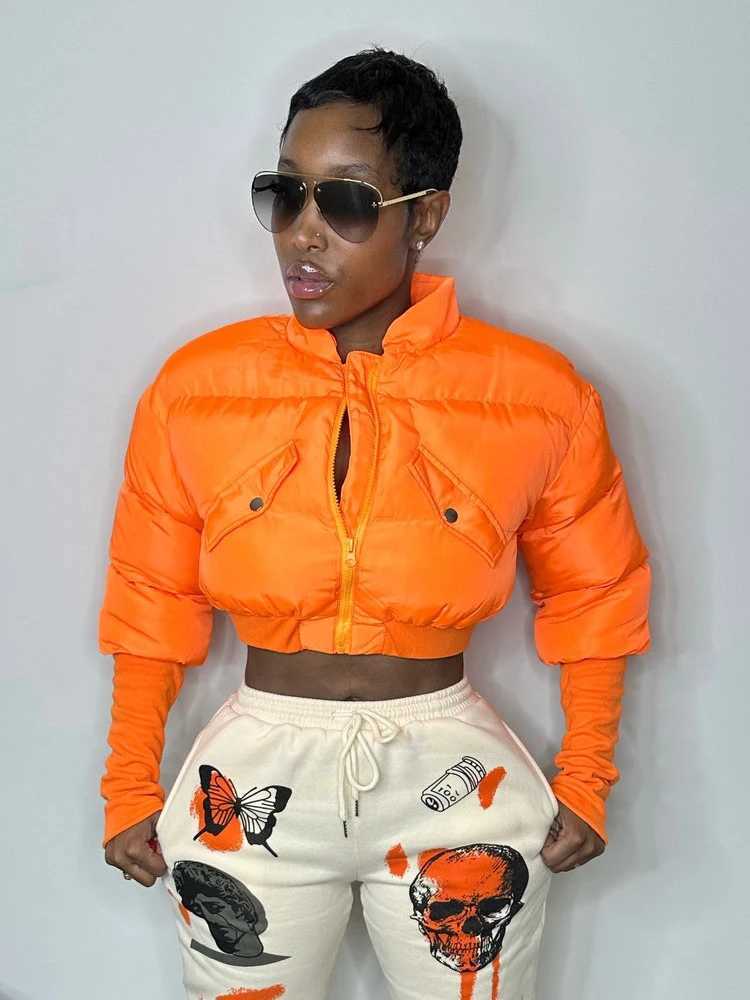 Women's Down Parkas Orange Cropped Puffer Jacket Womens 2024 Autumn/Winter Warm Long Sleve Zipper Bubble Quilted Coat Womens Lightweight Coat Y24