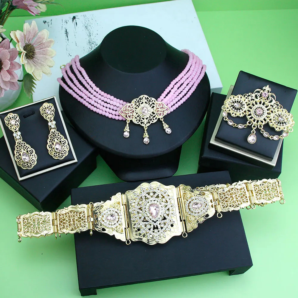 Sunspice Moroccan Bridal Wedding Jewelry Set Womens Gold Arabian Kaftan Belt Brooch Bead Necklace Earrings 241018