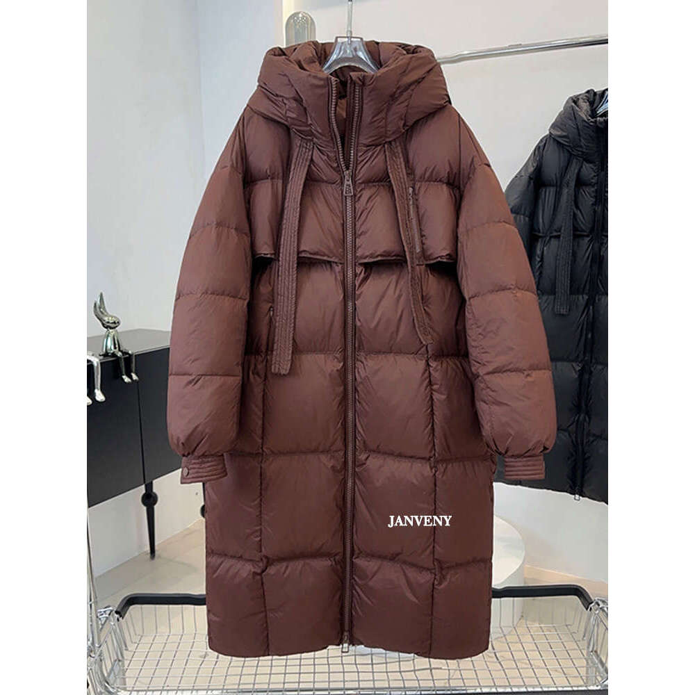 Janveny 2024 New Winter Hooded Over The Knee Puffer Coat Women Thicken Warm Long Sleeve White Duck Down Jacket Waterproof Parka