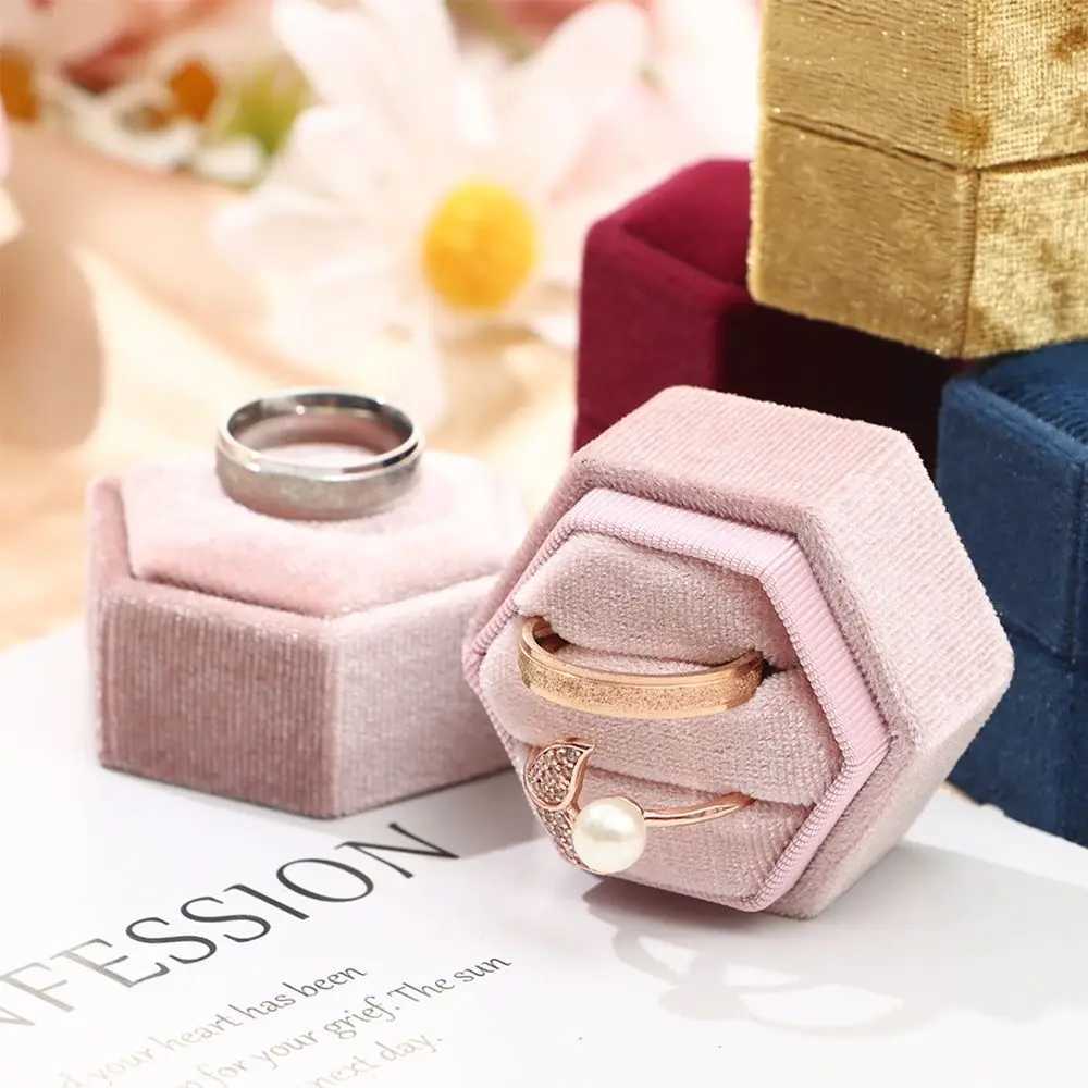 Hexagonal Velvet Bead Treasure Box Double Ring Storage Box Womens Gift Earring Packaging Box Wedding Ring Display Box W241019