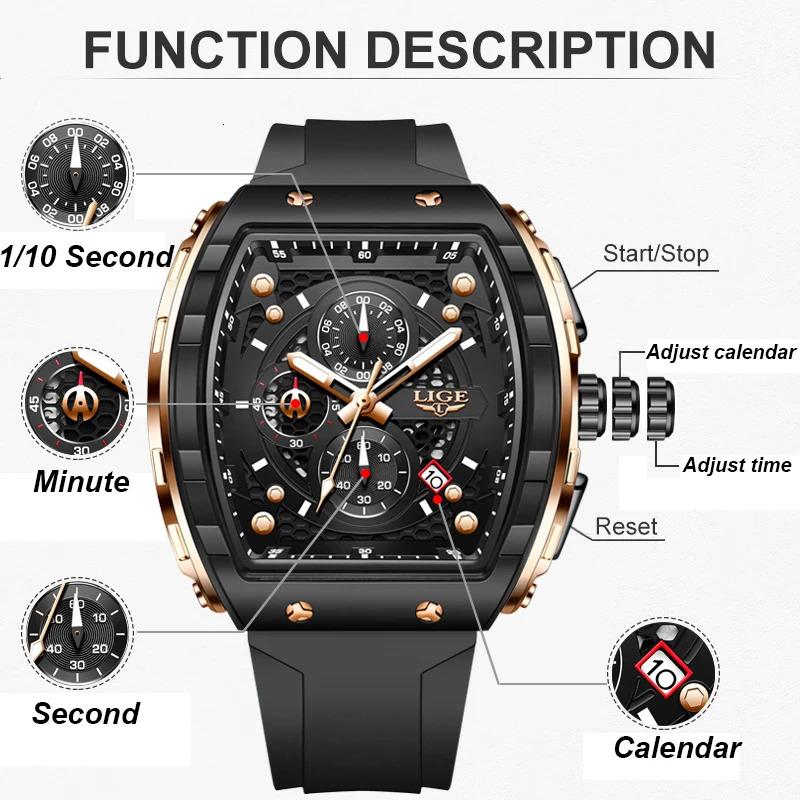 LIGE Top y Mens Watch Fashion Square Waterproof Quartz Military Sports Timing Montre Homme 241009