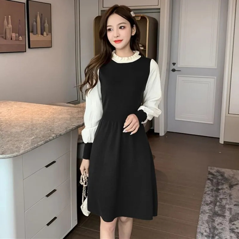 Women Autumn Winter Korean Fashion Patchwork O-neck Long Sleeve Knitted Dress Women Clothes Elegant All-match Warm A-line Skirt 241010