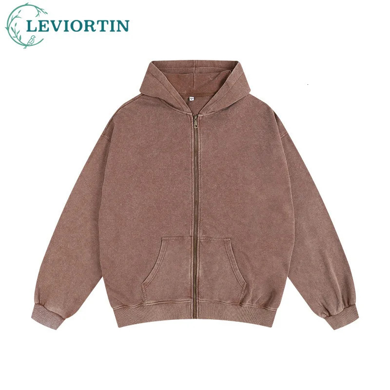 Heavyweight 350gsm Zipper Hoodies Jacket Men Streetwear Shoulder Drop Loose Washed Cotton Hooded Sweaters Coat Jogging Outwears 241019