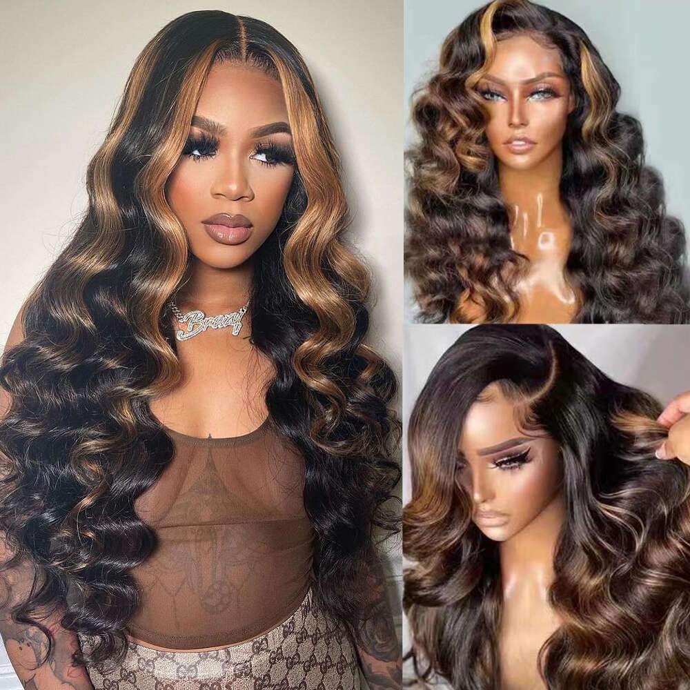 Highlights 30# Body Wave 13x4 Front Black Wig with Brown Color 13x6 Lace Frontal Human Hair Wigs For Women 30 Inch
