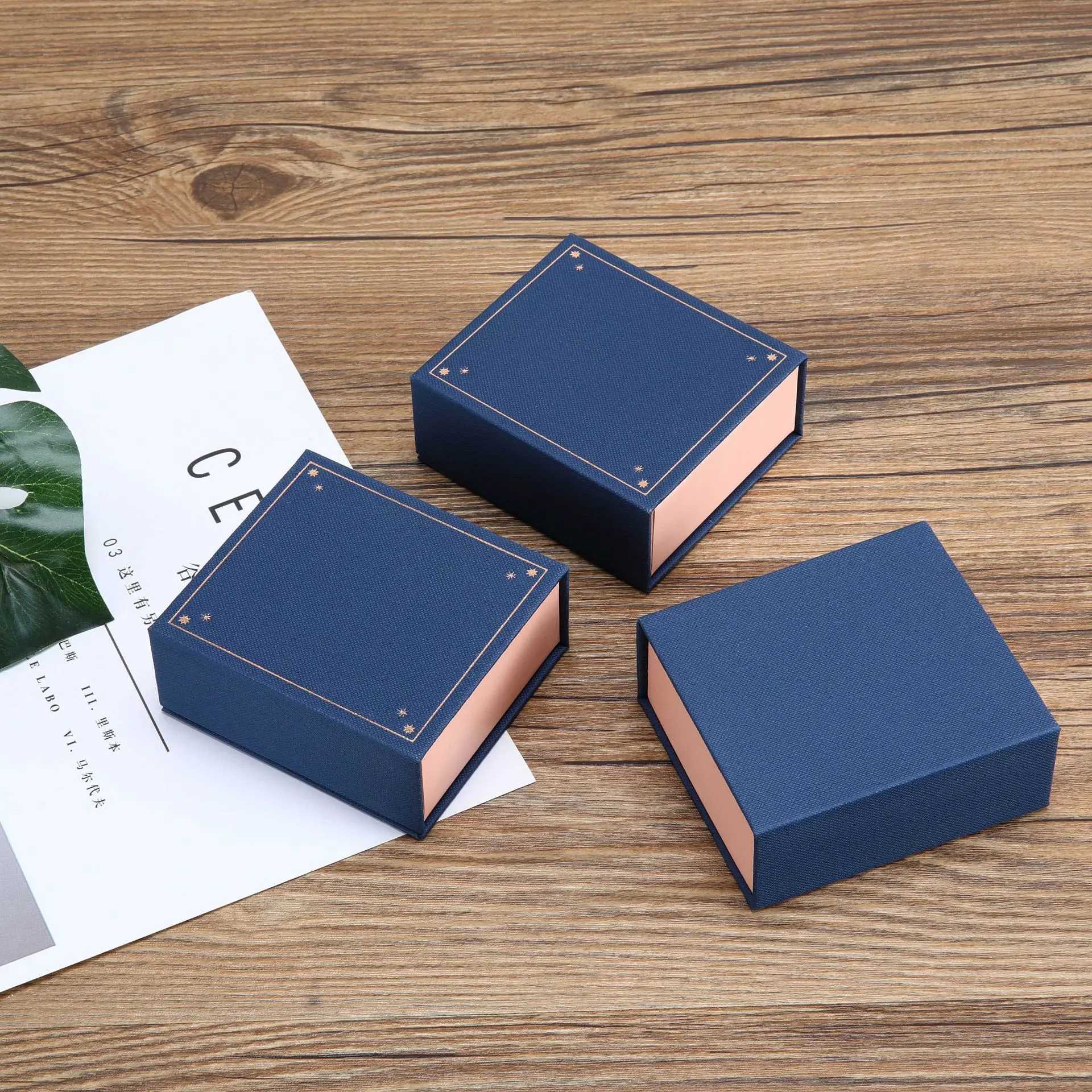 Mini magnetic suction cup flip jewelry box square earrings necklace storage box deep blue luxury wedding ring gift box W241019