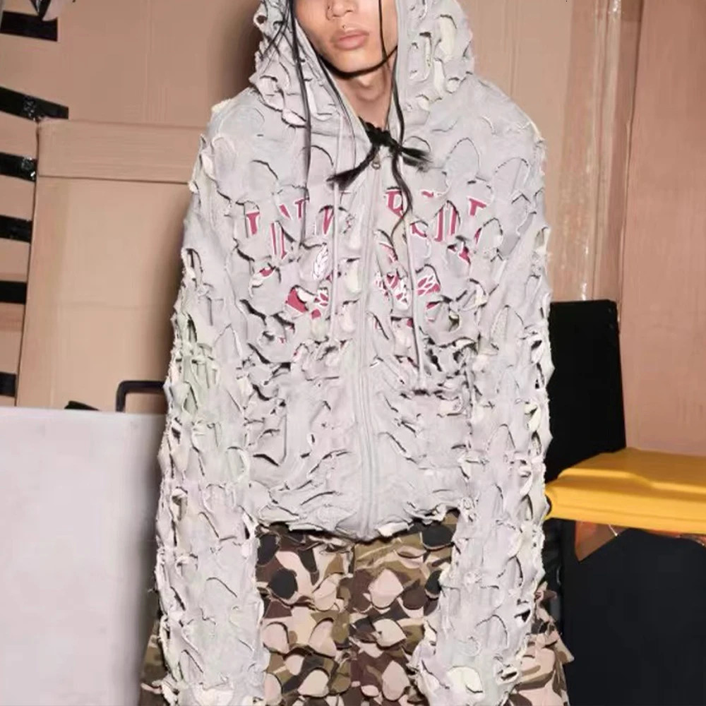 NIGO Mens Spring And Autumn Cotton Reversible Loose Destroyed Hollow Solid Color Hooded Sweater Jacket Ngvp #nigo8848 241019