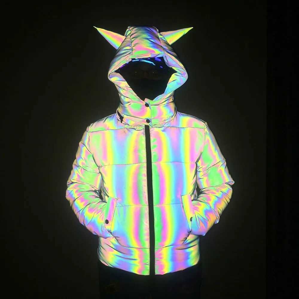 Women's Down Parkas Winter womens rainbow reflective horn cover park down bubble jacket inflatable jacket shiny and cute hooded down jacket Y2410