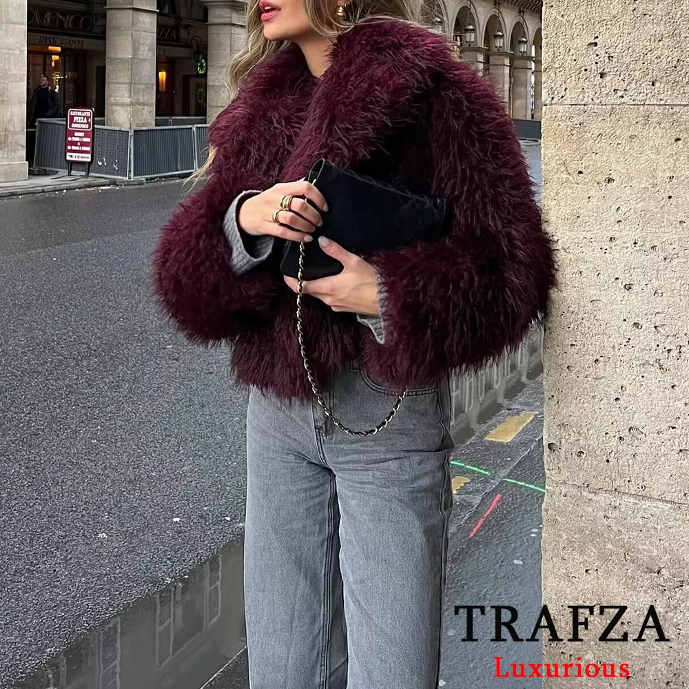 TRAFZA casual red fur jacket womens long sleeved V-neck thick autumn and winter short jacket Fahsion streetwear warm jacket 241018