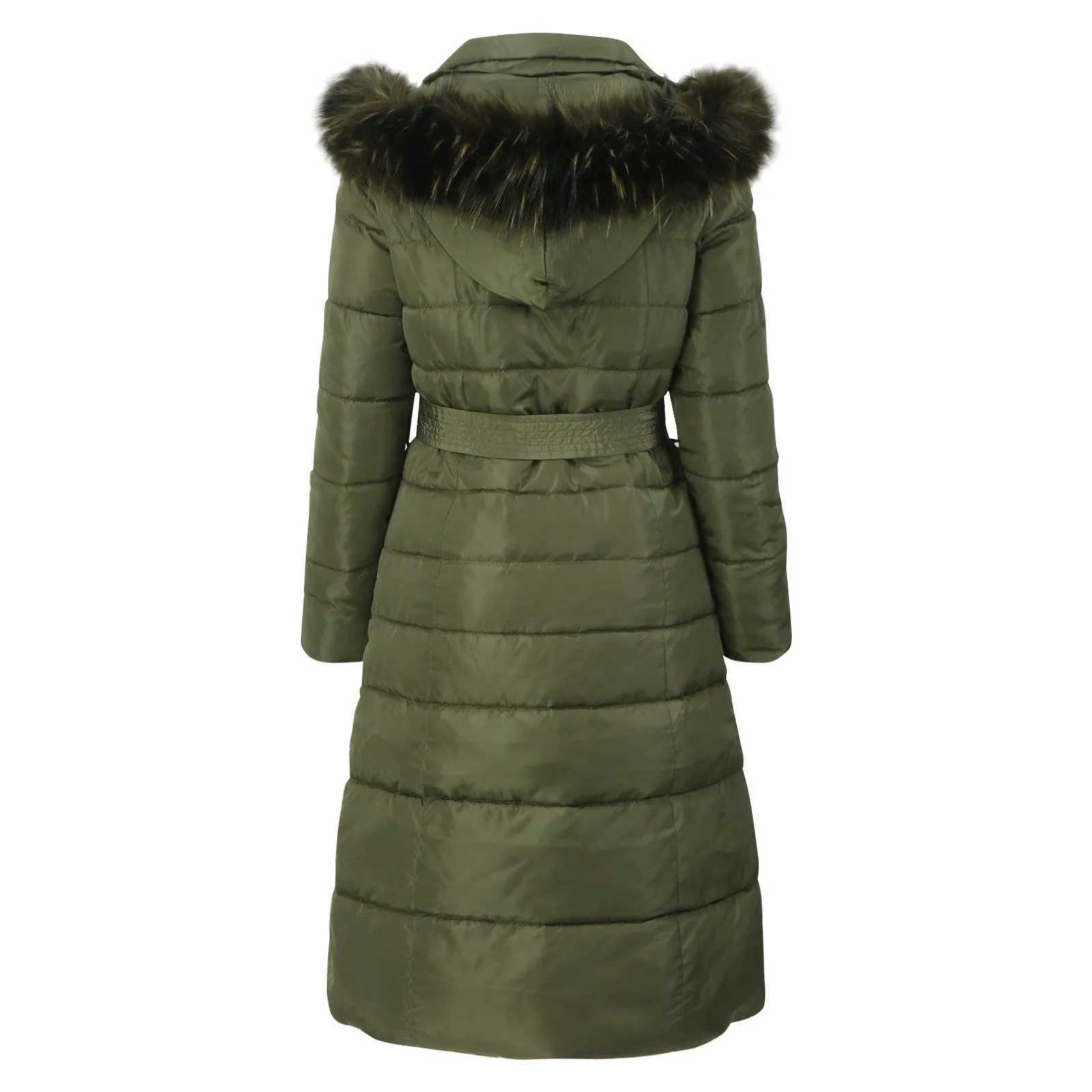 WomenS Warm Winter Solid Color Hooded Lace Up Wool Collar Cotton Jacket Pocket Long Sleeve Zipper-Front Waist Tie Down CoatX241019