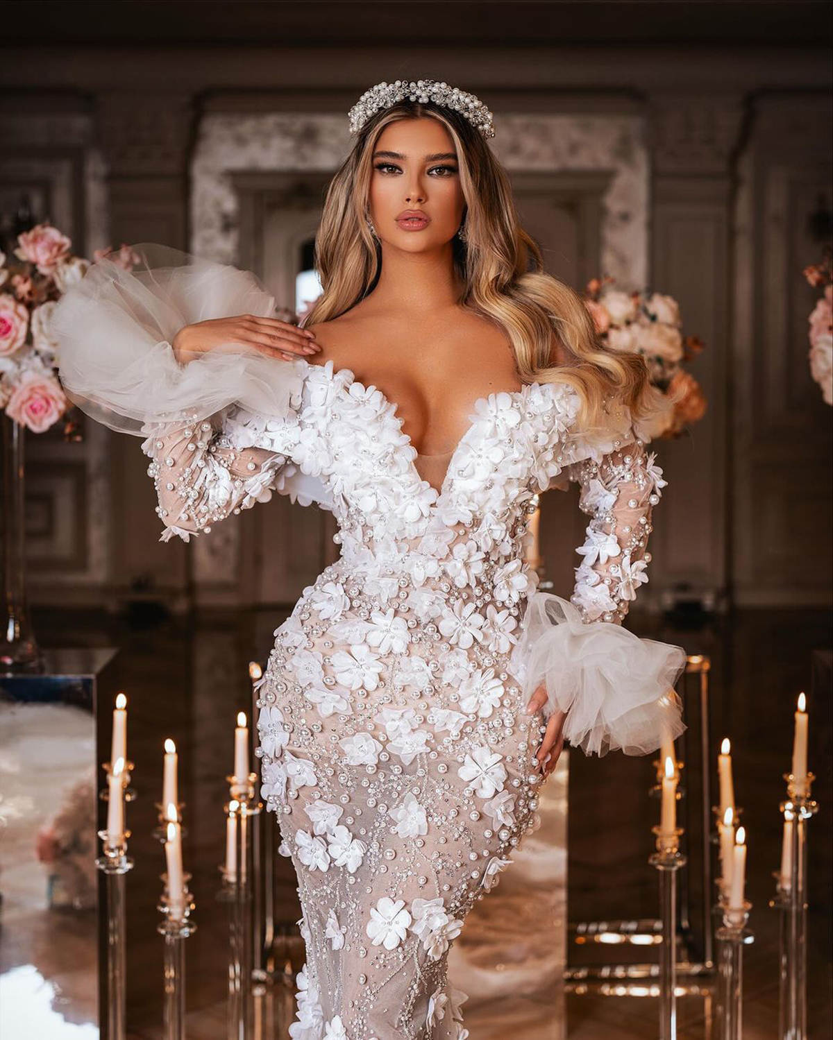 Arabic Pincess Mermaid Wedding Dress 3D Flowers Appliques Beading Off Shoulder Bride Dress Pearls Formal Long Sleeve Bridal Gowns