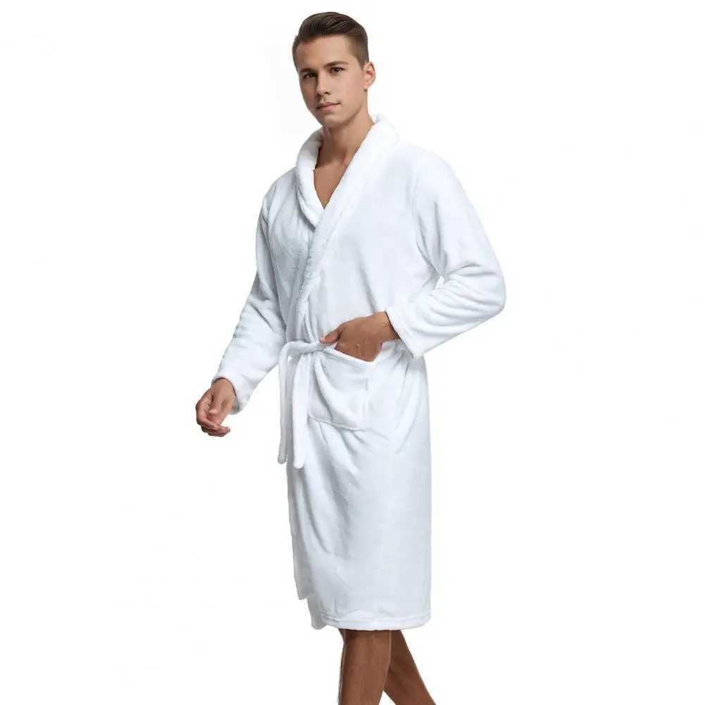 Knee-length Nightwear Cozy Flannel Nightgown with Pockets Lace-up Front for Men Knee-length Bathrobe Lounge for RelaxingXJ241018