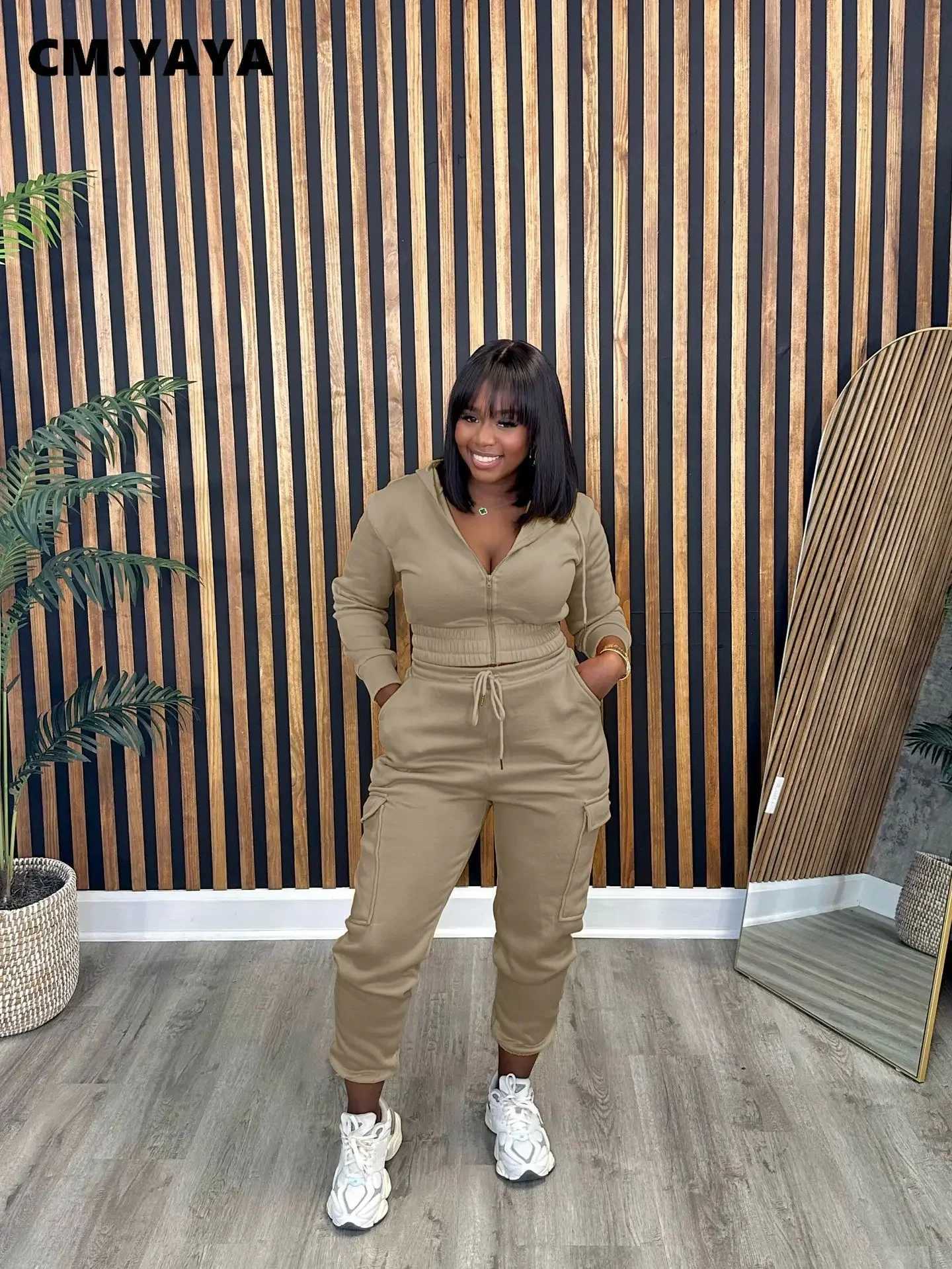 Women's Two Piece Pants CM.YAYA Flce Womens Set Long Sleve Zipper Hoodie and Running Pants 2023 Strt Cargo 2-piece Set Y241019WV5Y