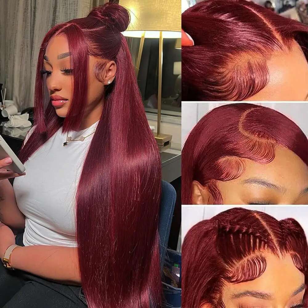 Lace j Burgundy Front Human Hair Wig Inch x Straight Frontal Wigs HD Transparent Colored Red For Women al s