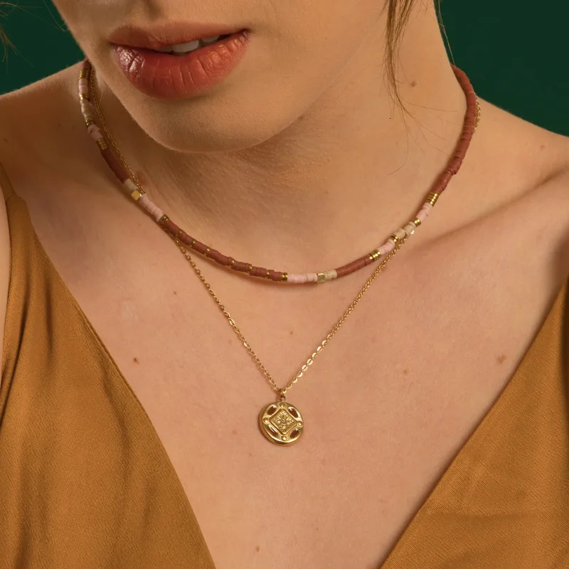 Handmade colored polymer clay bead necklace suitable for womens bohemian stainless steel necklace party gift 241018
