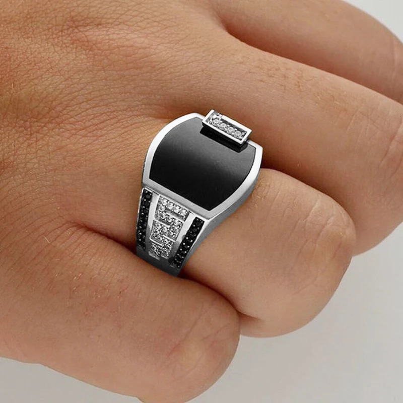 Mens Ring Business Black Plate Crystal Side Setting Male Vintage Punk Inlay Finger Golden Color Jewelry 241010