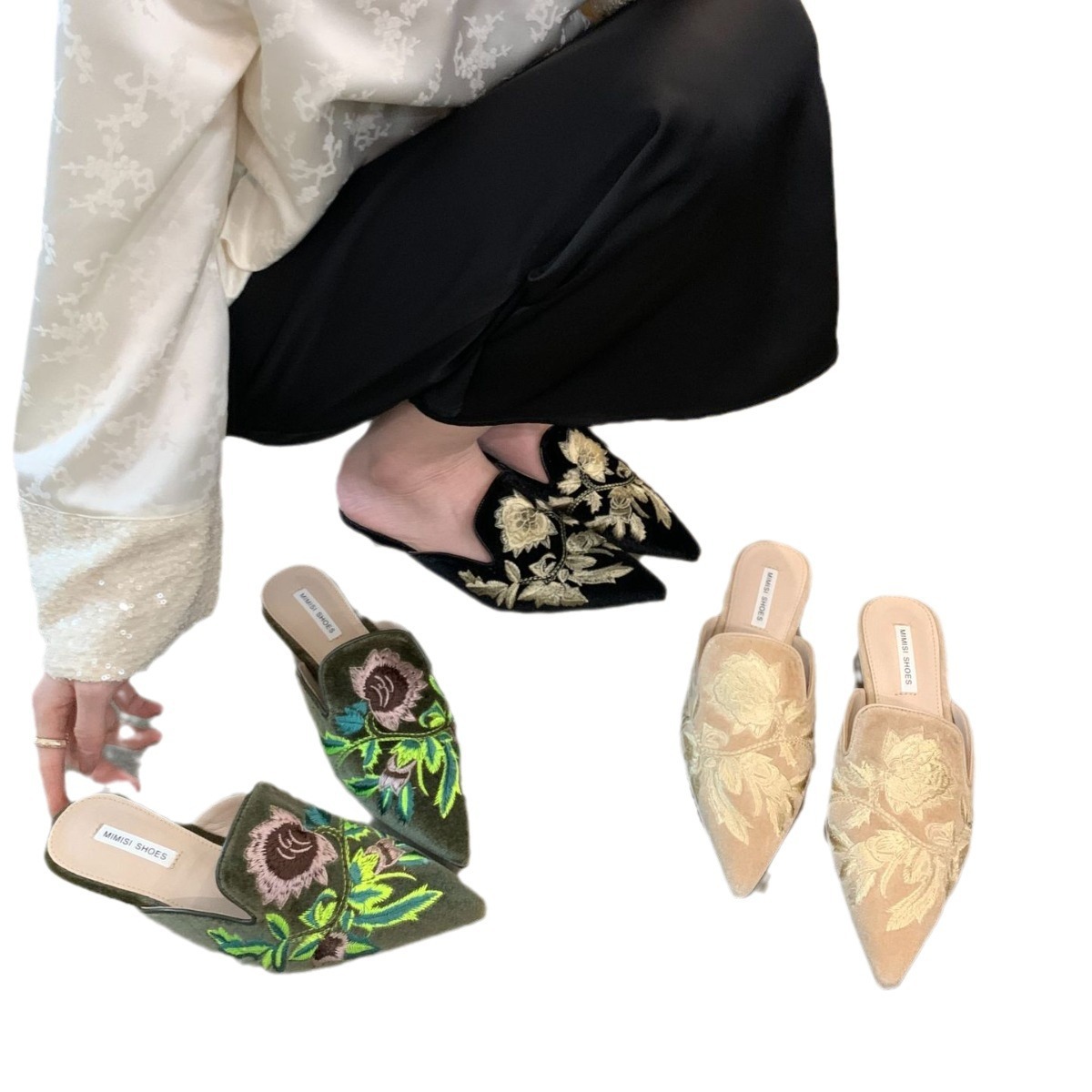 Spring 2024 New China-Chic Embroidery Flower Baotou Half Slippers Wear Fashionable Outwardly Pointed Head Flat Bottom Muller Women