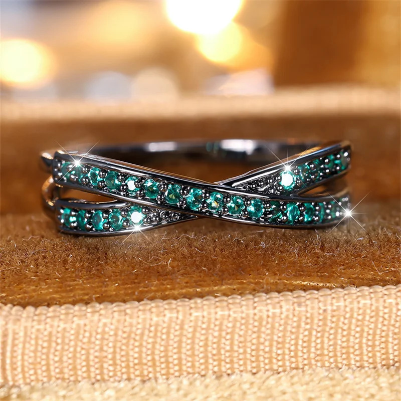Minimalist Stacking Crossed Wedding Bands Black Gold Silver Color Blue Red Green Stone White Zircon Thin Rings For Women Jewelry 241010