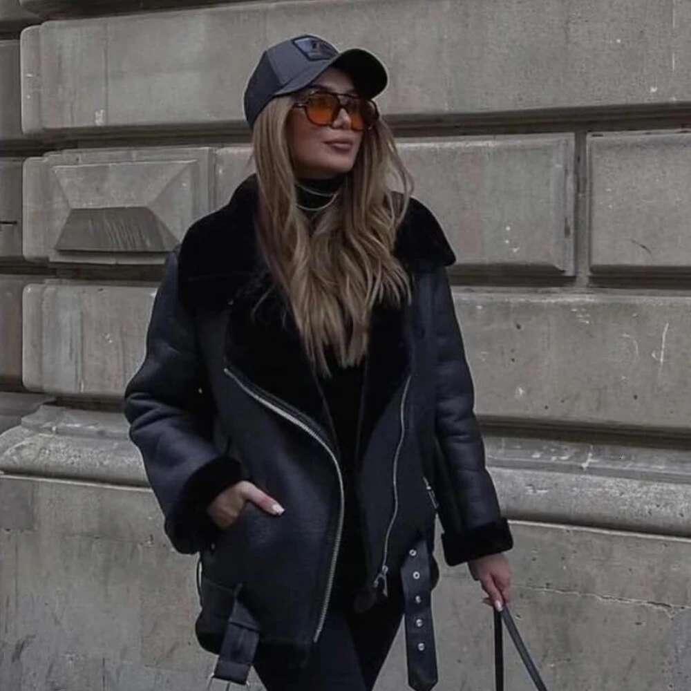 Warm Women Faux Fur Jacket With Belt Streetwear Female Moto Biker Loose Thicken Coat Fashion Autumn Winter Outwear