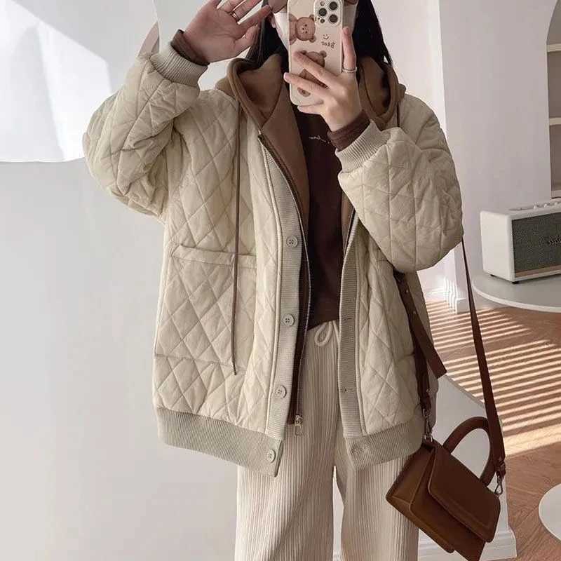 2023 New Womens Winter Clothing Quilted Coat Warm Parka Cotton-padded Jacket Women Korean Fashion Hooded Coats Patchwork ClothesX241019