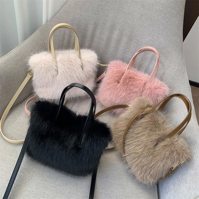 faux fur womens square shoulder bag winter fluffy womens horizontal bag soft fur leather plush womens small handbag 241018