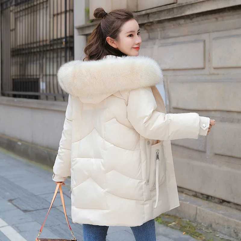 2023 New Women Down Cotton Coat Winter Jacket Female Mid Length Version Parkas Thick Warm Outwear Hooded Fur Collar OvercoatX241019