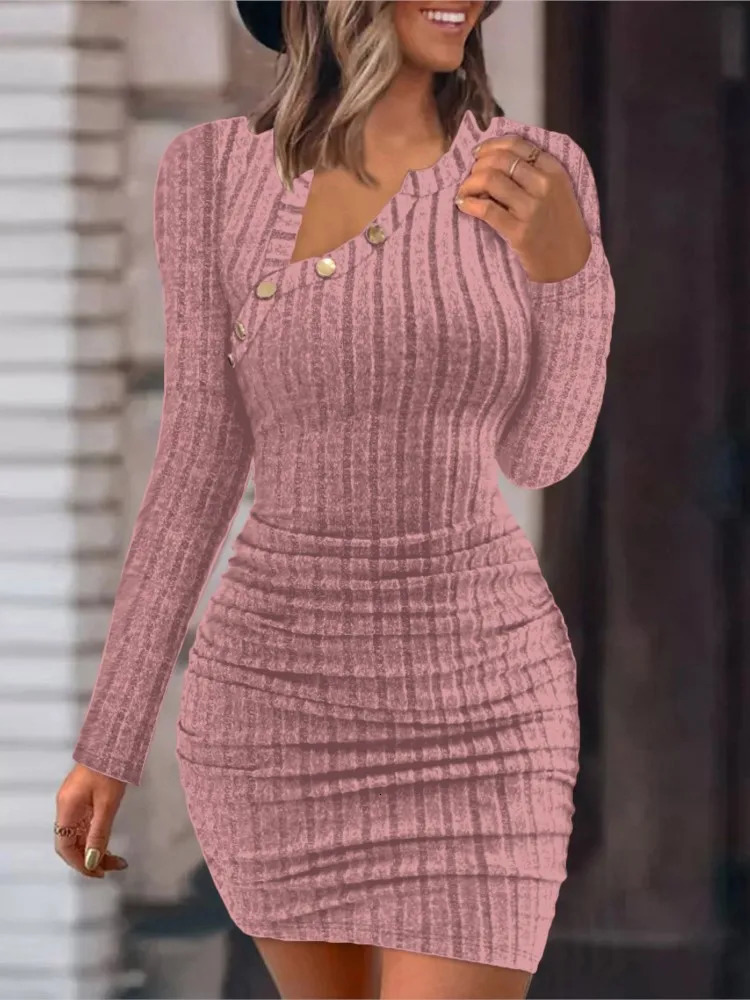 Fall/Winter Solid Color Tight Dress 2024 Elegant Long Sleeve Mini Dress Fashion Womens Round Neck Button Slimming Dress 241017