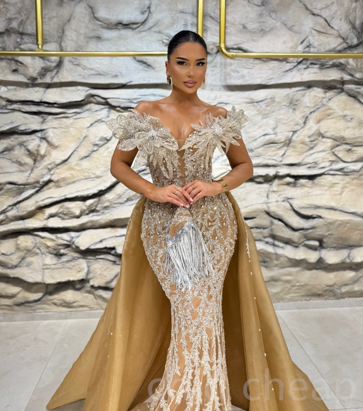Aso Ebi 2024 Gold Illusion Mermaid Prom Dresses wers Rhies Lace Evening Formal Party Second Reception Birthday Gowns Dress For Special Ocns ZJ048