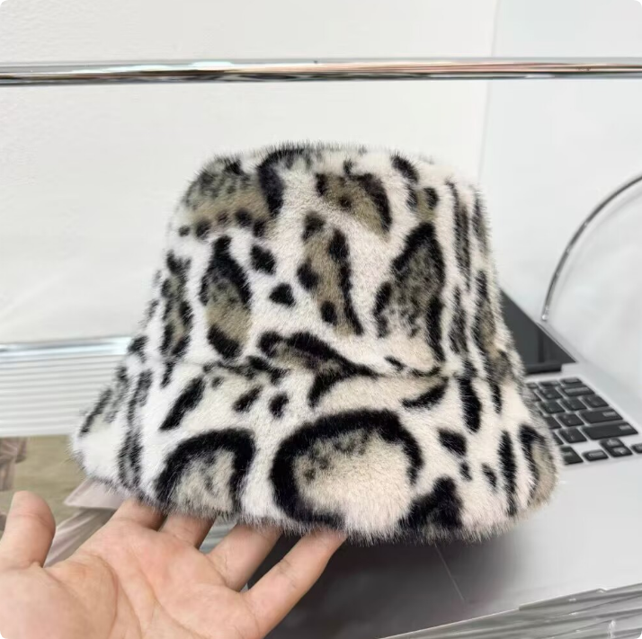 Winter Leopard Print Bucket Hat Wide Brim Hats Fashion Women Imitation Mink Wool Thick Warm Fluffy Basin Hat