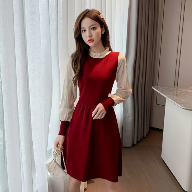 Women Autumn Winter Korean Fashion Patchwork O-neck Long Sleeve Knitted Dress Women Clothes Elegant All-match Warm A-line Skirt 241010