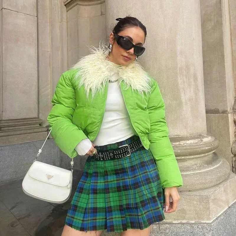 Women's Down Parkas Fashion Cute Women Candy Grn Zipper Puffer Jacket Winter Fur Collar Bubble Coats Feathers Lapel Puff Parka Slim Crop Jackets 