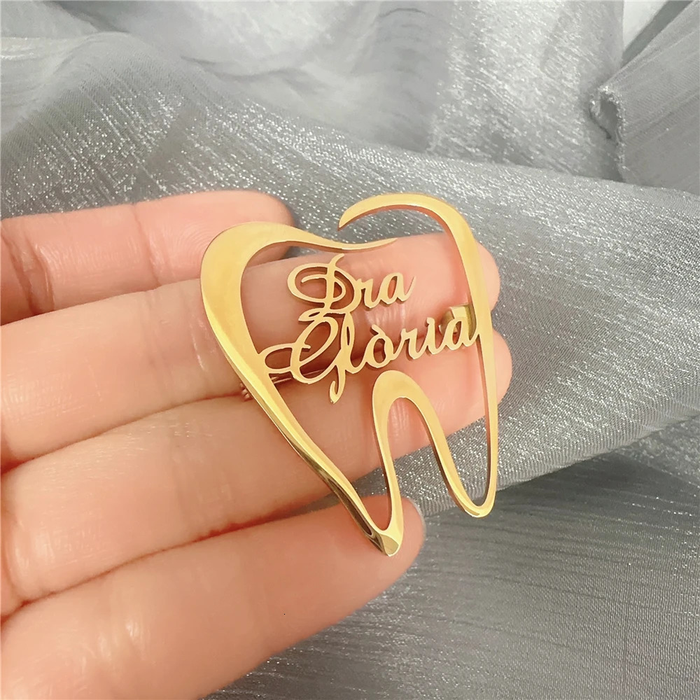 Creative tooth shaped stainless steel custom brooch carving name personalized company name brooch jewelry gift 241018