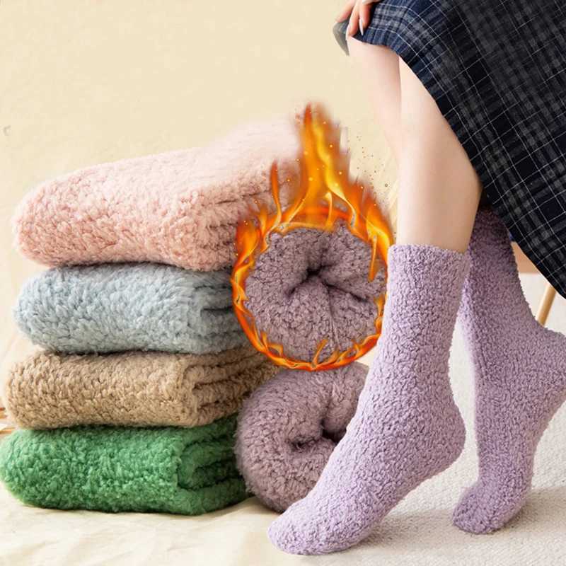 Winter Warm Coral Fleece Fluffy Socks Indoor Floor Slipper Women Socks Thicken Plush Candy Color Home Sleep Socks Christmas GiftXJ241019