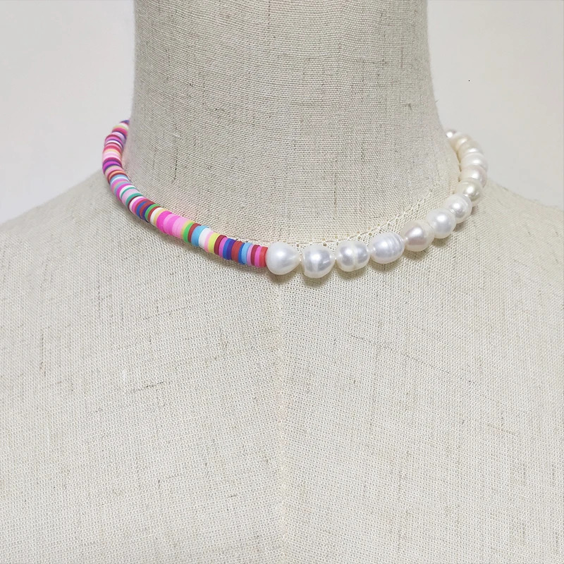 Womens Summer Fashion Pearl Necklace Unique Splicing Design Bohemian Style Colorful Polymer Clay Jewelry Necklace Gift for Friends 241018
