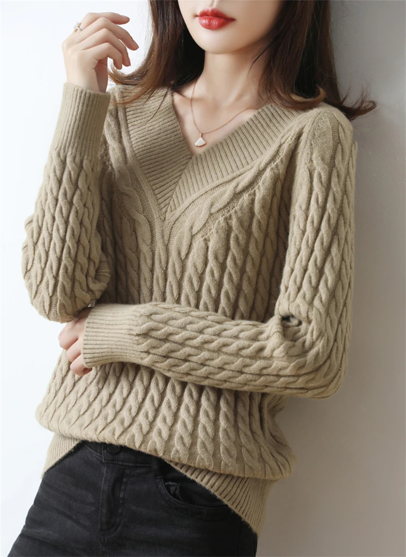 Cashmere sweater womens V-neck sweater solid color knitted turtle neck sweater loose plus size sweater womens 241019