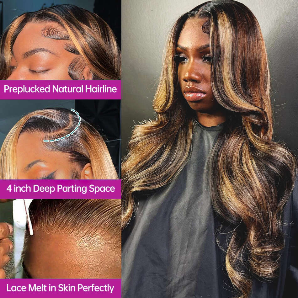 32Inch Highlight Human Hair 4/27 Honey Blonde 5x5 Closure Colored 13x6 HD Body Wave Lace Frontal Wig