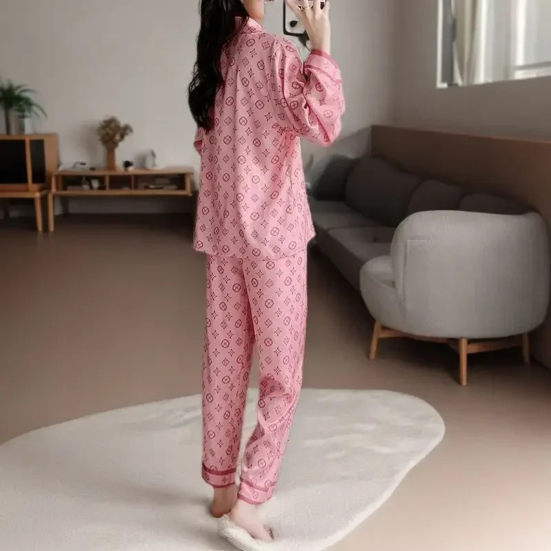 Pajamas womens clothing set spring thin ice silk cardigan home soft comfortable simple relaxing tight fitting warm and sweet 241009