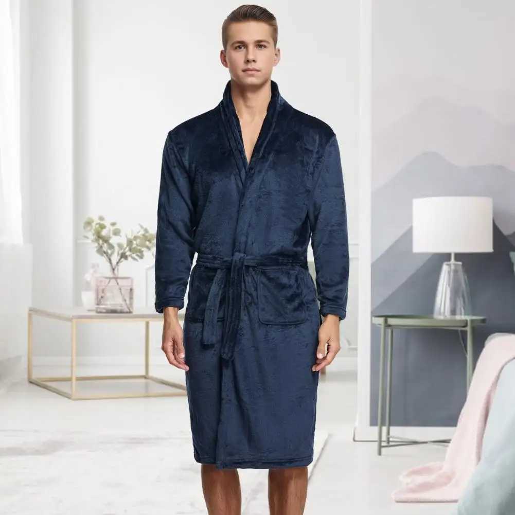 Knee-length Nightwear Cozy Flannel Nightgown with Pockets Lace-up Front for Men Knee-length Bathrobe Lounge for RelaxingXJ241018