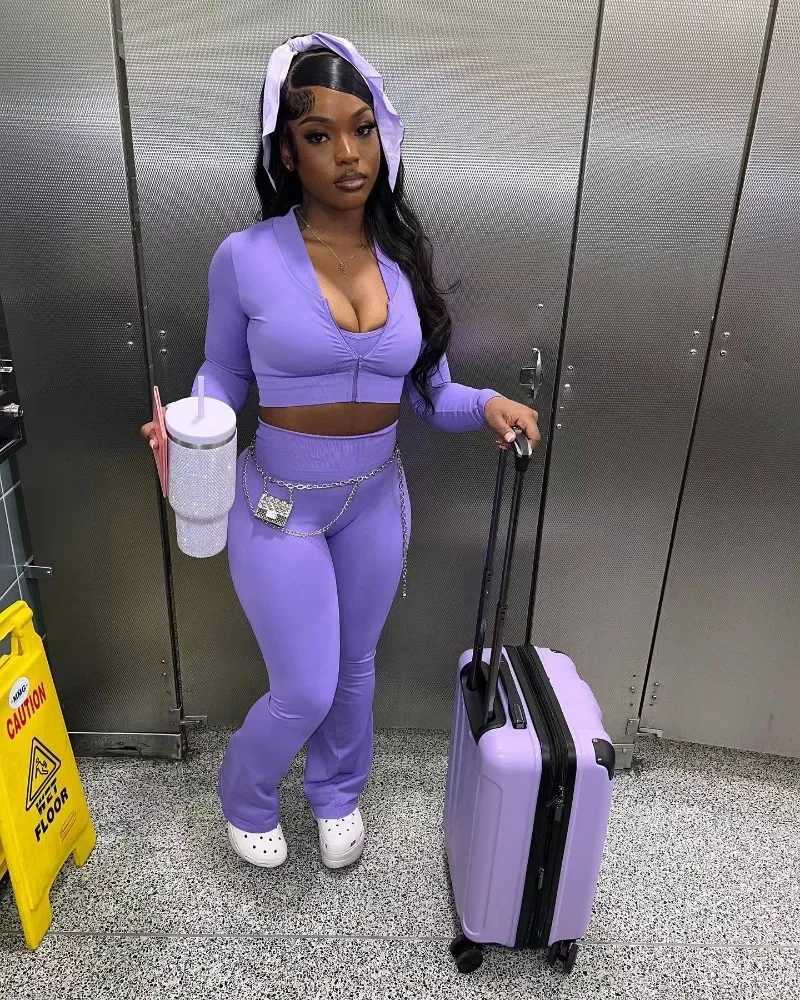 Women's Two Piece Pants 2024 Autumn Solid Womens Tight 3-Piece Tank Top Crop Top+Zipper Long Sleeve Jacket+High Waist Shining Pants Set Y2410195K