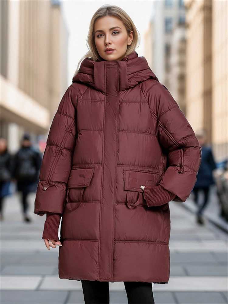 2024 Winter New Womens Loose Padded Down Jackets The Mid-Length Is Thickened Personality Pockets Warm Over-The-Knee JacketX241019