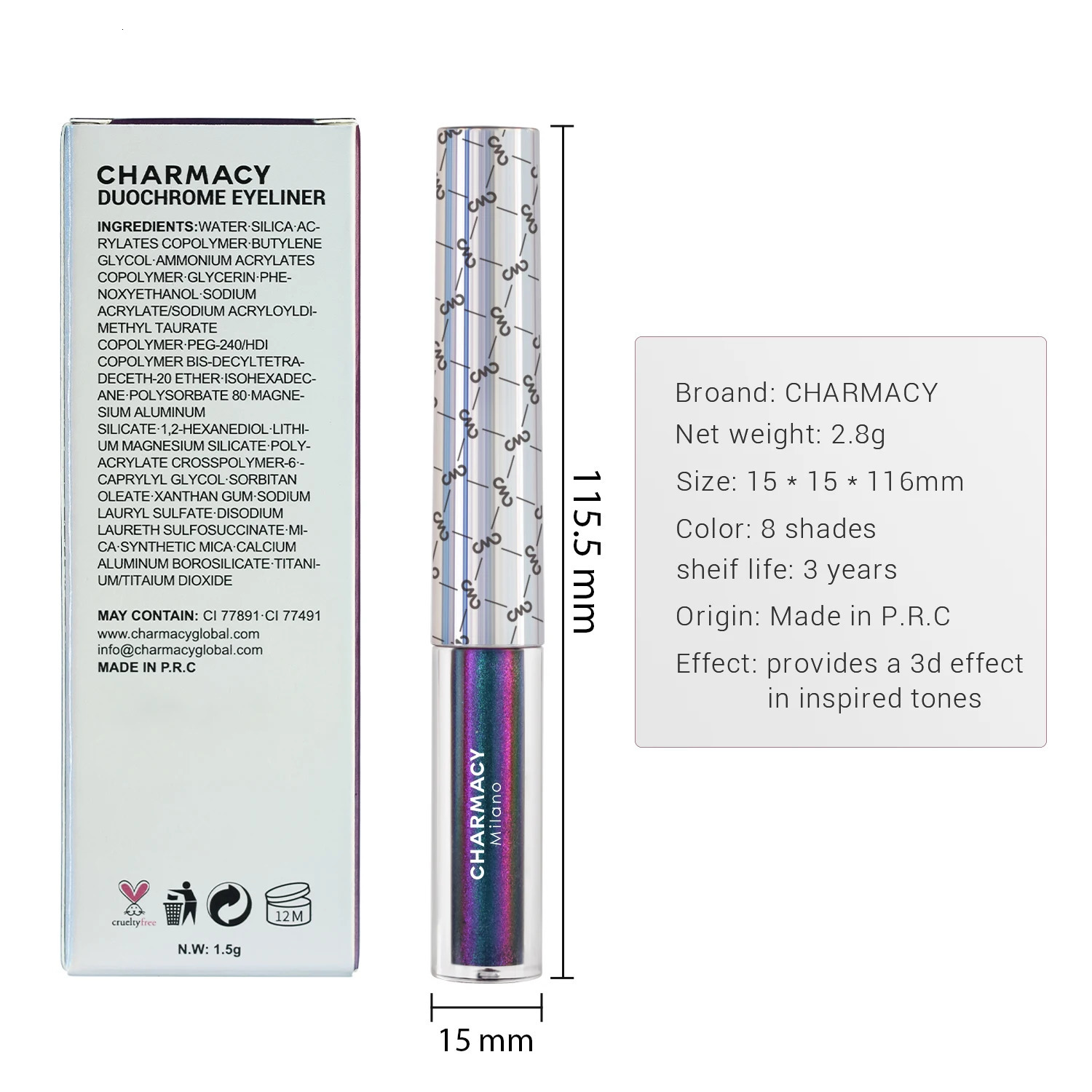 CHARMACY Duochrome eyeliner waterproof long stay eyeliner ultra-fine tip eyeliner high pigment glitter eye makeup 241018