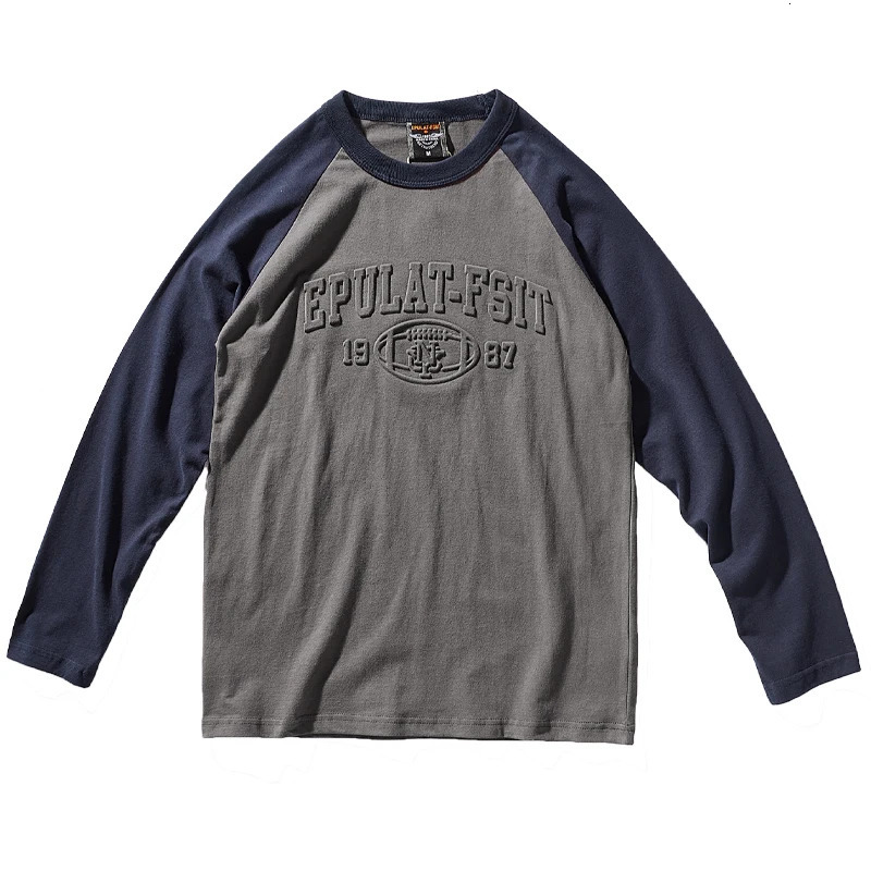 Autumn long sleeved O-neck 3D printed T-shirt mens fashion comparison splicing Raglan sleeves pure cotton washed old casual top 241019
