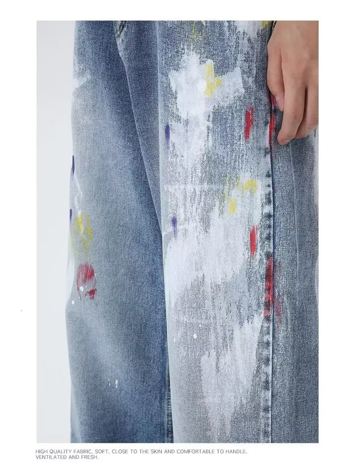 Y2K mens splash ink jeans hip-hop fashion graffiti hole straight leg denim shorts Y2K streetwear jeans 241007