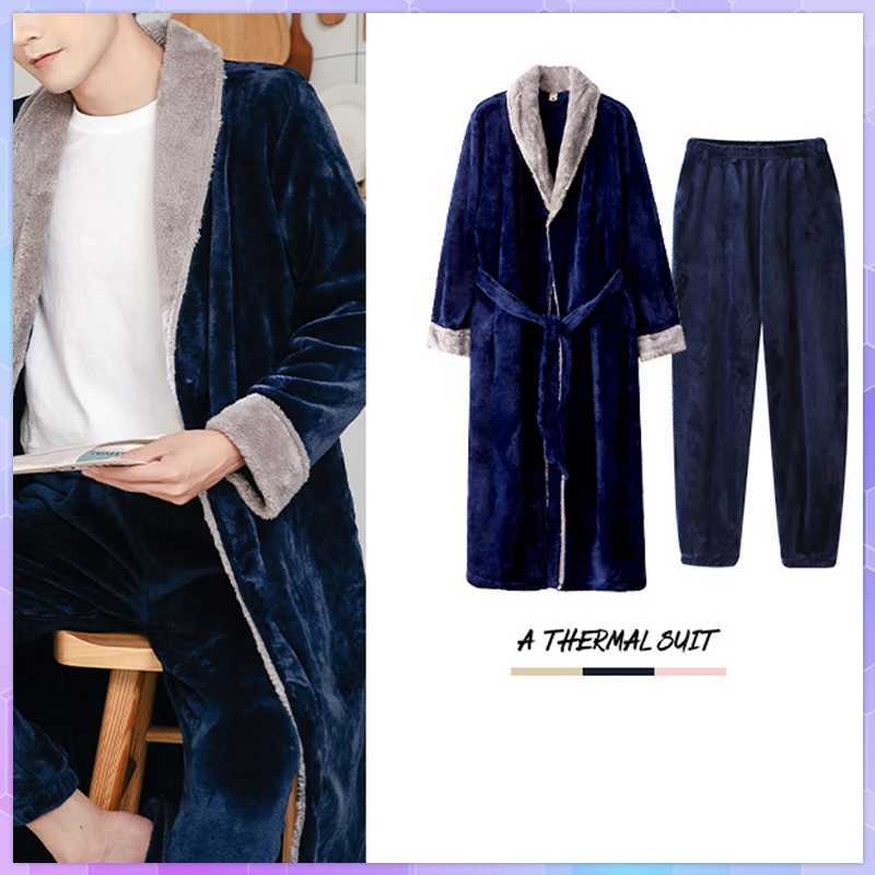 Mens Bathrobe Winter Plus Size Long Coral Fleece Kimono Warm Flannel Bath Robe Cozy Robes Night Sleepwear Women Dressing GownXJ241018