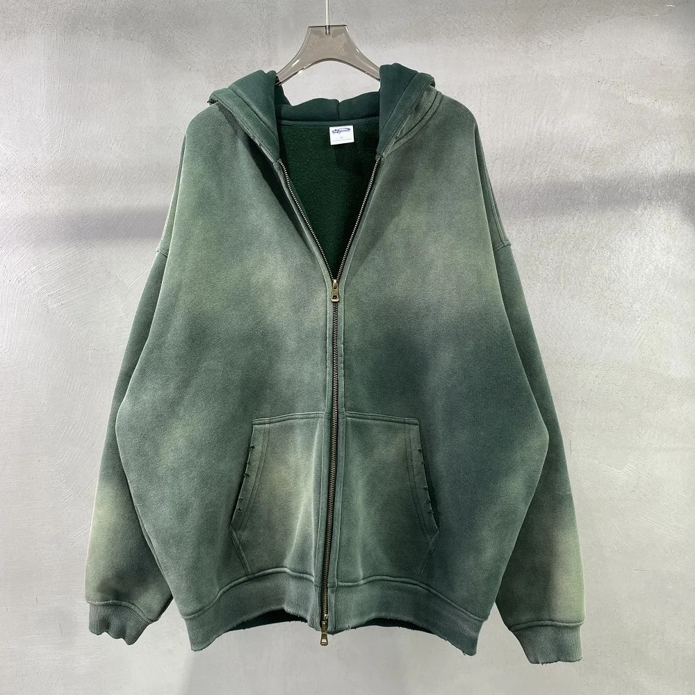Batik fleece zippered destoryed hoodie washed high quality street hooded 241019