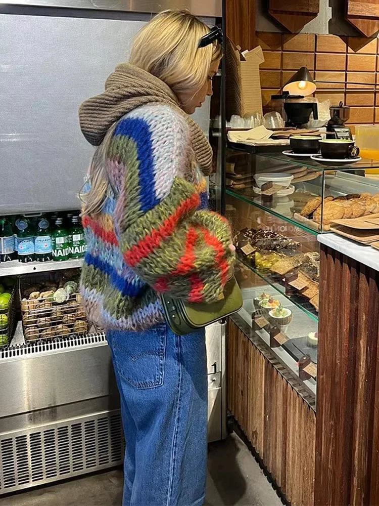 HOUZHOU Colorful Striped Oversized Sweater Women Elegant Mohair Jumpers O-neck Long Puff Sleeves Knitted Pullover Streetwear 241009